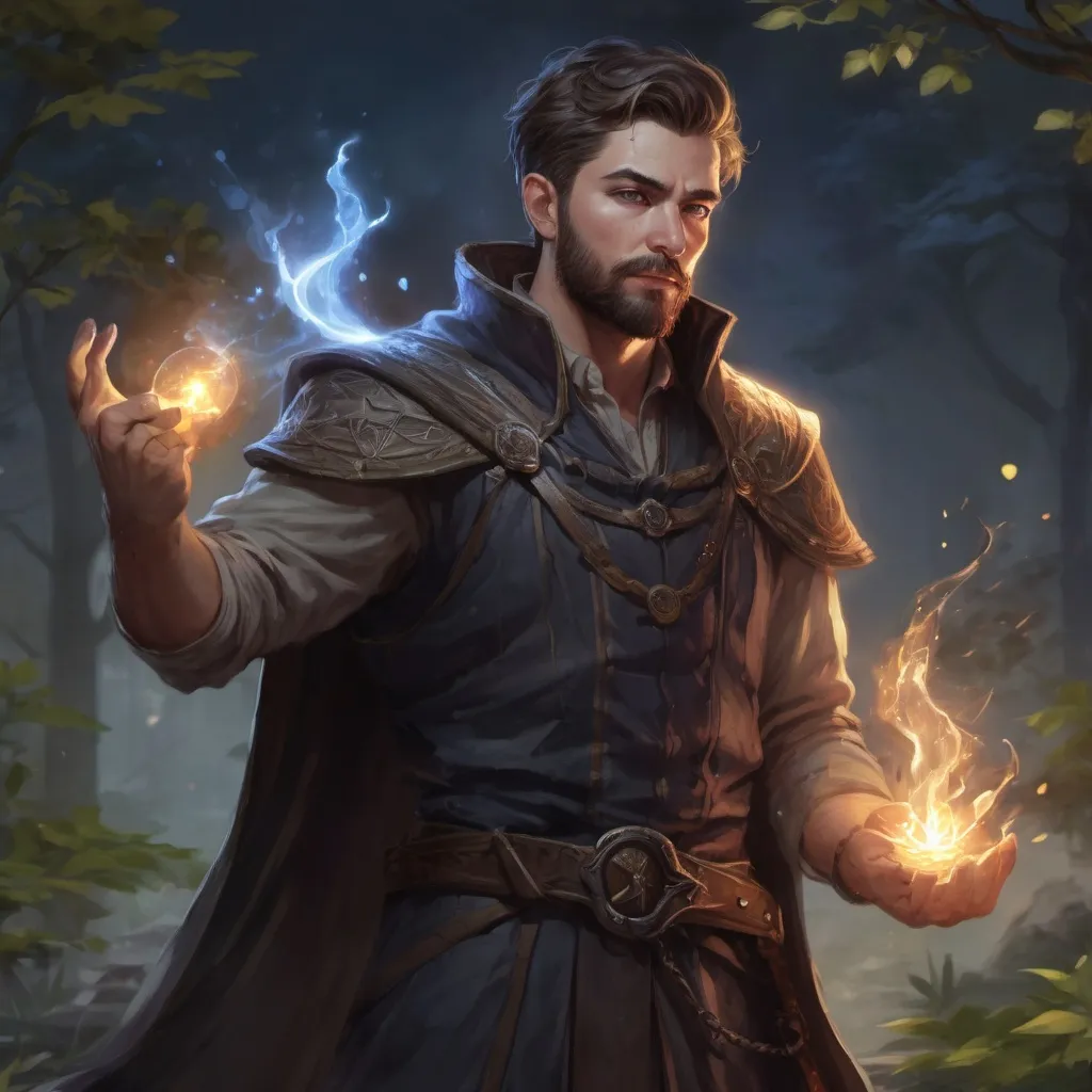 Prompt: A male stocky summoner with short-cut hair and beard, casting magic spell, in a nature at night, pathfinder, d&d setting, in a realistic high quality digital art style, shaded style