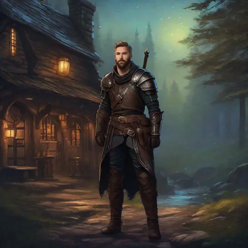 Prompt: (Full body) calvin harris as a ranger in leather armor, bearded, short hair, fantasy setting, boots, belt, standing outside a tavern in the woods at night, in a realistic digital art style