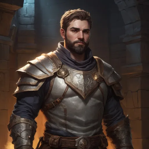 Prompt: Male stocky heavy-set paladin with short-cut hair and beard, big belly, inside a temple dungeon at night, pathfinder, d&d setting, in a realistic high quality digital art style, enhanced shadow quality