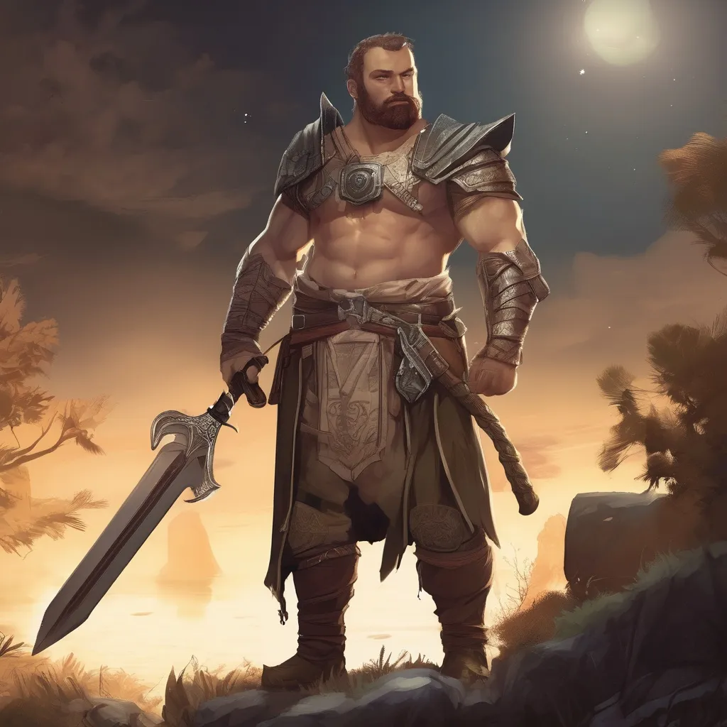 Prompt: (Full body) male stocky large warrior with short hair and beard, big belly, in nature at night, pathfinder, d&d setting, in a realistic digital art style