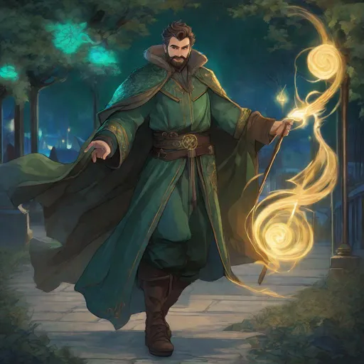 Prompt: (Full-body) a handsome large burly hairy male mage with short hair and short beard, staff emitting weak magic blue light in one hand, light swirl in other hand, wearing dark forest-green robe with details, visible chest hair, brown cloak, boots, street in a town at night, in a shaded painted style