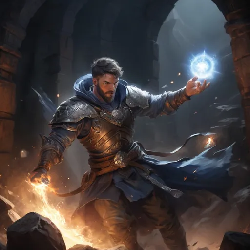 Prompt: Male stocky large muscular battle-mage with short-cut hair and beard, engaged in combat casting a white-light spell inside of a dark dungeon, pathfinder, d&d setting, realistic, enhanced shadow quality, colorful
