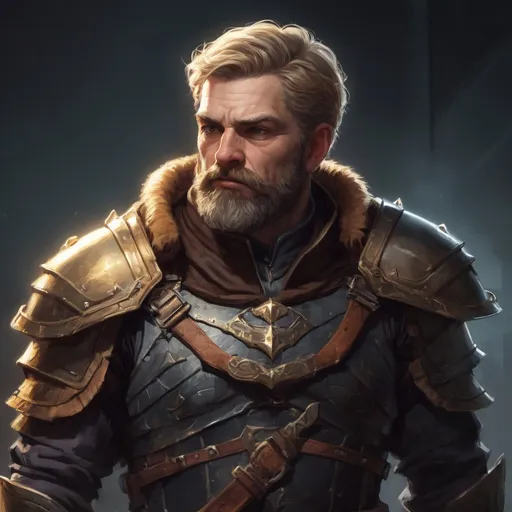 Prompt: Male stocky hairy mature thief in armor, with short dark-blonde hair and beard, exploring a dark dungeon, pathfinder, d&d setting, in a realistic high quality digital art style, enhanced shadow quality, colorful
