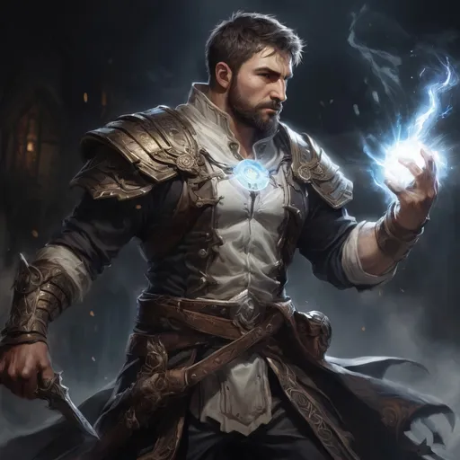 Prompt: Male stocky large muscular battle-mage with short-cut hair and beard, engaged in combat casting a white-light spell inside of a dark dungeon, pathfinder, d&d setting, realistic, enhanced shadow quality, colorful