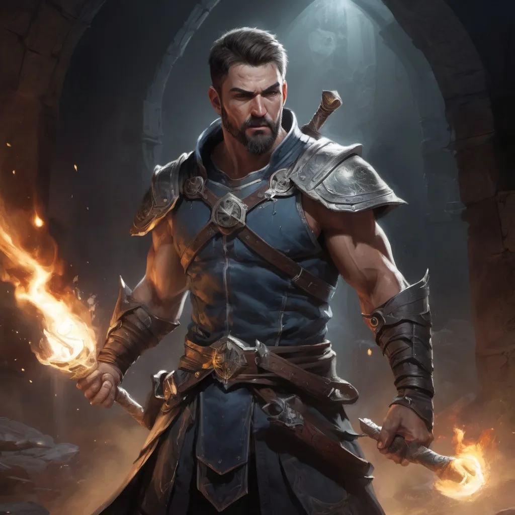 Prompt: Male stocky large muscular battle-mage with short-cut hair and beard, engaged in combat casting a white-light spell inside of a dark dungeon, pathfinder, d&d setting, realistic, enhanced shadow quality, colorful
