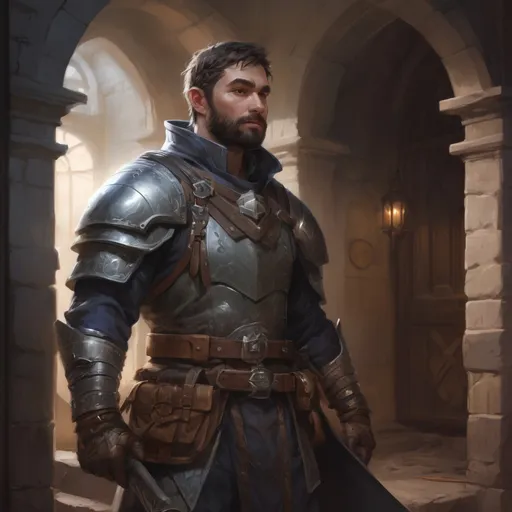 Prompt: Male stocky hairy sneaky rogue in light-armour with short hair and beard, exploring a dark mansion, pathfinder, d&d setting, in a realistic high quality digital art style, enhanced shadow quality, colorful