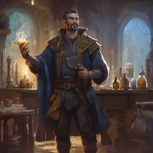 Prompt: (Full body) male stocky alchemist with short hair and mustache,  in a dark room, pathfinder, d&d setting, in a realistic digital art style