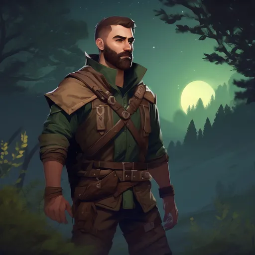 Prompt: (Full body) male ranger with short hair and beard, in nature at night, pathfinder, d&d setting, in a realistic digital art style