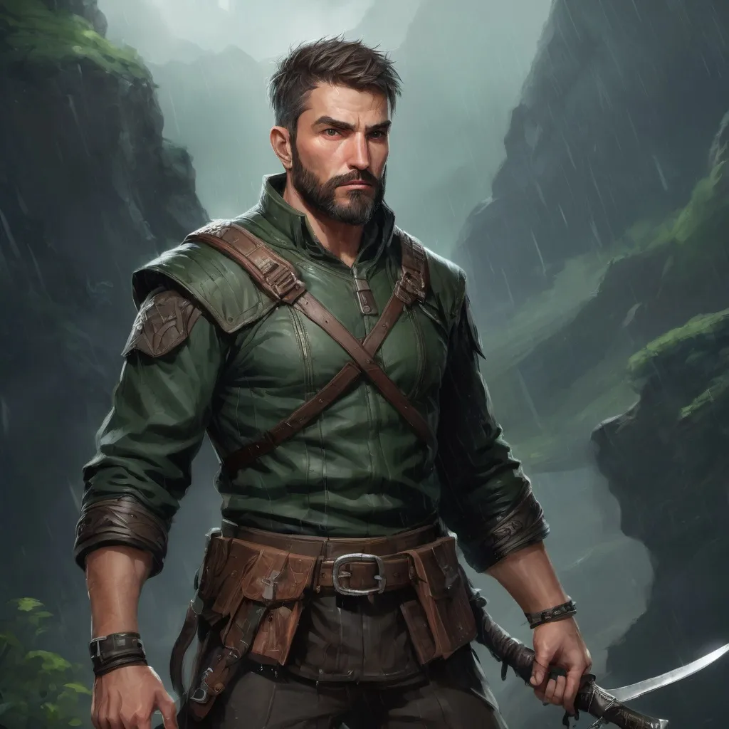 Prompt: (head and torso) Male muscular mature fantasy-ranger with short-cut hair and beard, (dark-green and dark-brown clothing), holding fantasy-weapon, in a mountain valley at night. in rain, in combat, pathfinder, d&d setting, in a realistic high quality digital art style, enhanced shadow quality