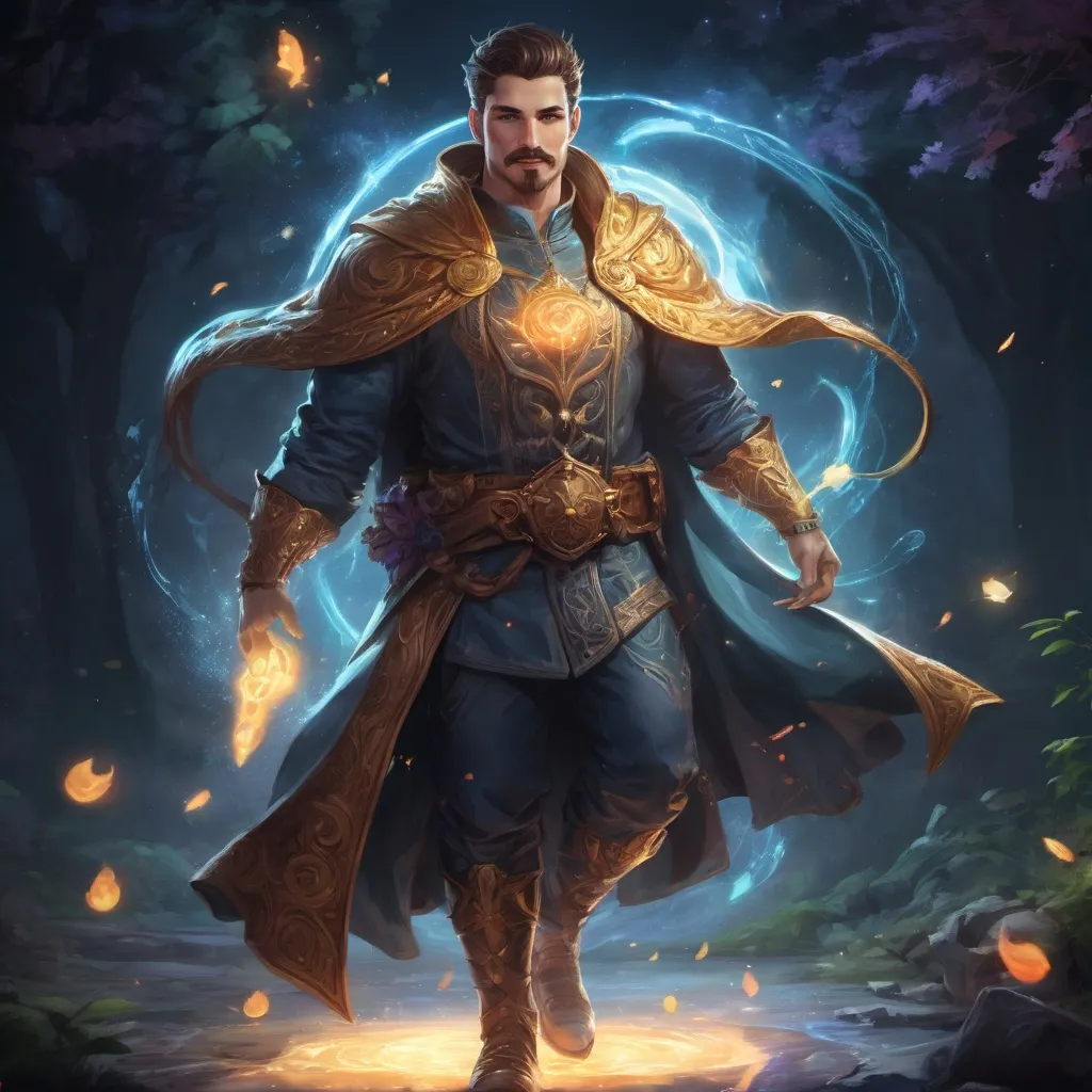 Prompt: (Full body) male stocky young muscular cleric with short-cut hair and a mustache, casting a swirly astral-spell, in nature at night pathfinder, d&d setting, in a realistic digital art style