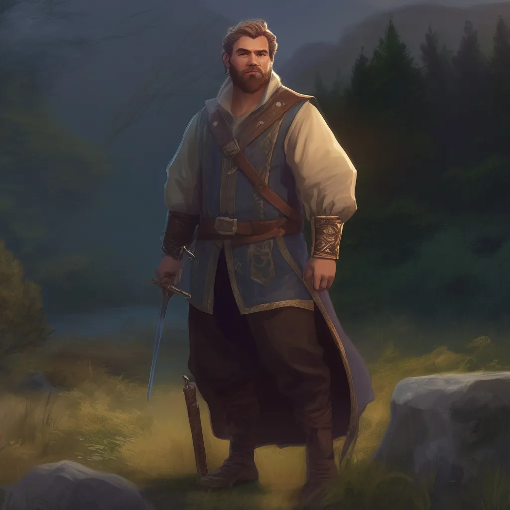 Prompt: (Full body) male stocky norwegian magical magus with short hair and beard, in nature in the evening, pathfinder, d&d setting, in a realistic digital art style