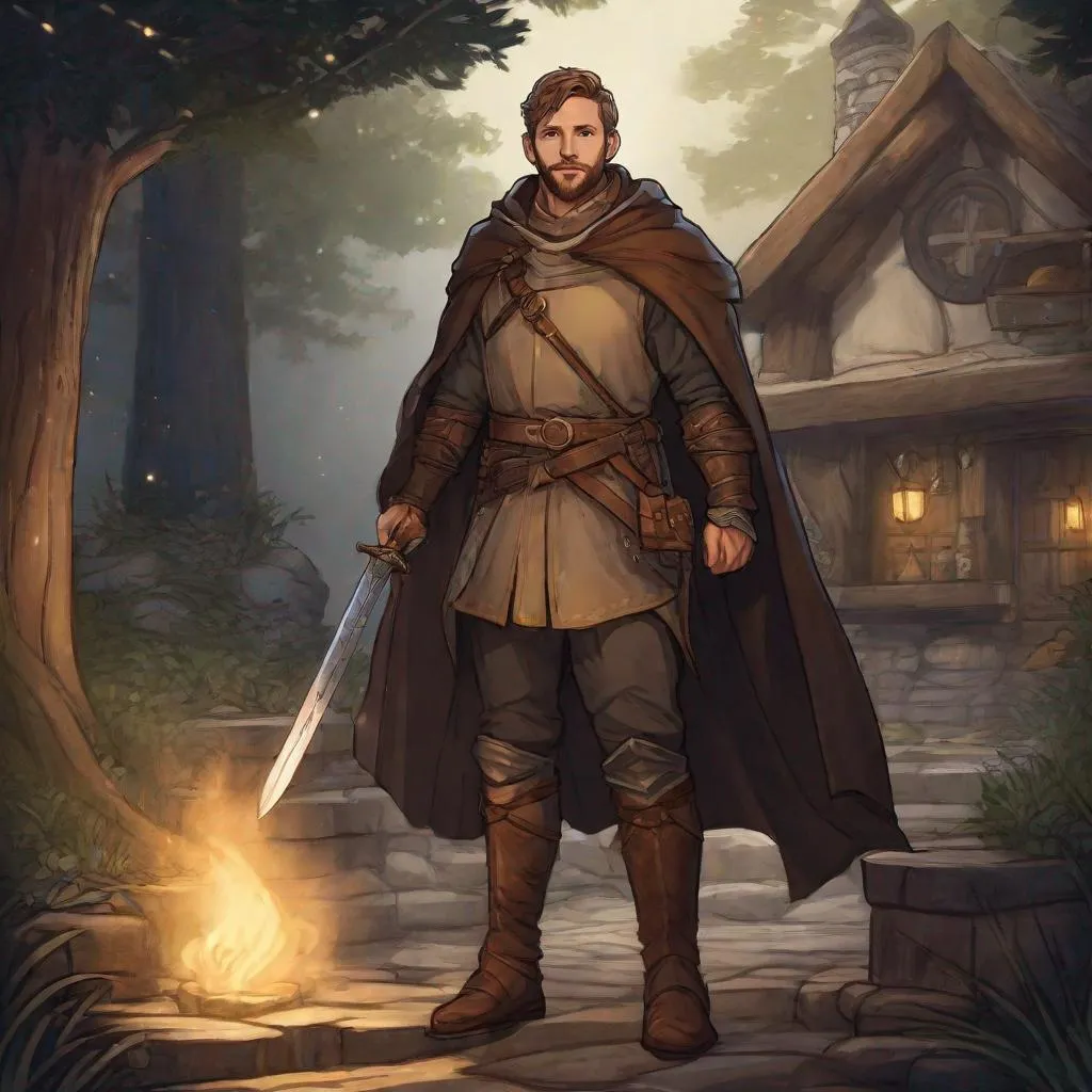 Prompt: (Fullbody) rogue hairy manly face looks like jamie bell, short-hair, short-bearded, light mail-armour, hesavy belt, brown boots, cloak, pathfinder, dungeons and dragons, monocle, outside a tavern by the woods at night, holding a weapon, in a painted style, realistic