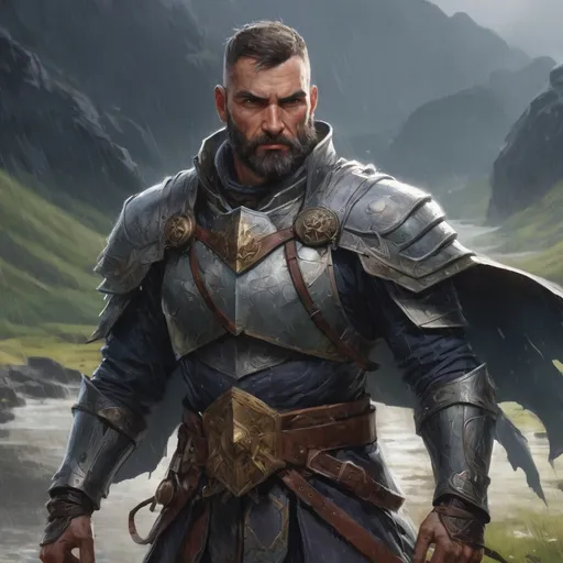 Prompt: Male heavy-set mature muscular holy-knight with short-cut hair and beard, in a windy valley in the rain, pathfinder, d&d setting, enhanced shadow quality