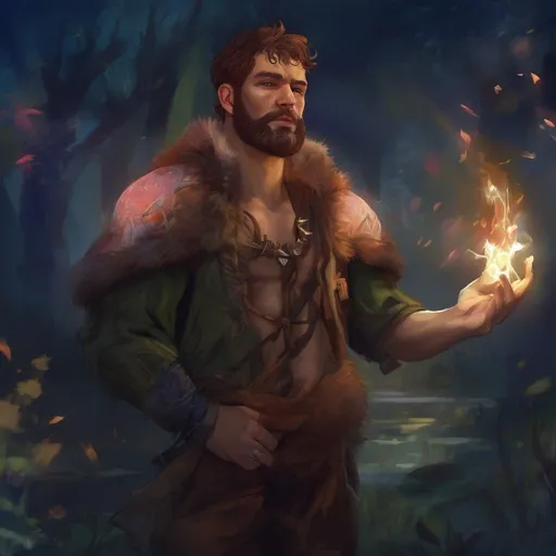 Prompt: (Full body) male stocky druid with short-cut hair and beard, no shirt on, hairy chest, casting a swirly nature-spell, in nature at night pathfinder, d&d setting, in a realistic digital art style