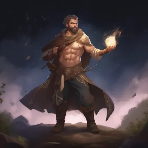 Prompt: (Full body) male stocky ranger with short-cut hair and beard, no shirt on, hairy chest, casting a swirly nature-spell, in nature at night pathfinder, d&d setting, in a realistic digital art style