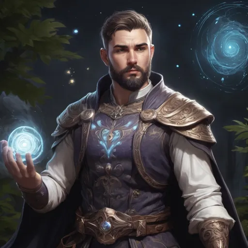 Prompt: (Full body) male stocky young muscular cleric with short-cut hair and a beard, casting a swirly astral-spell, in nature at night pathfinder, d&d setting, in a realistic digital art style
