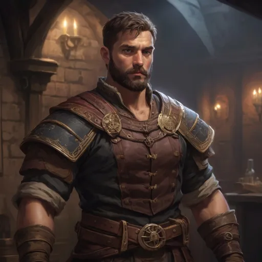 Prompt: Male stocky large muscular royal bard with short-cut hair and beard, exploring a dark tavern room, pathfinder, d&d setting, realistic, enhanced shadow quality