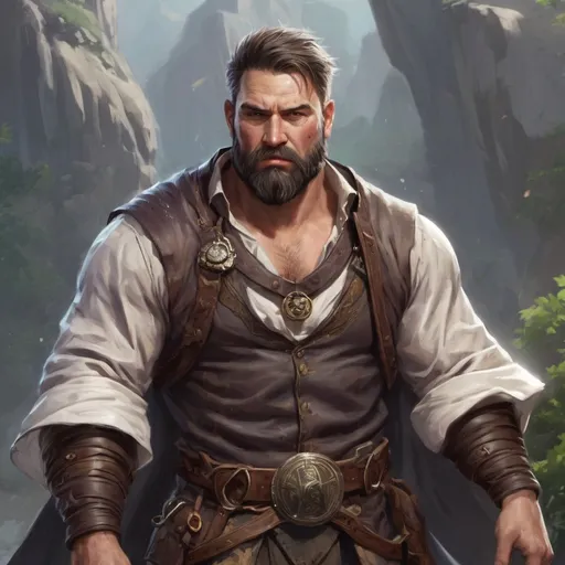 Prompt: (torso) Male stocky large fat beefy 37-year old battle-magus with short-cut hair and beard, open shirt hairy chest, in combat casting a magic-ray out of hands in a windy path, pathfinder, d&d setting, in a realistic high quality digital art style, enhanced shadow quality, colorful
