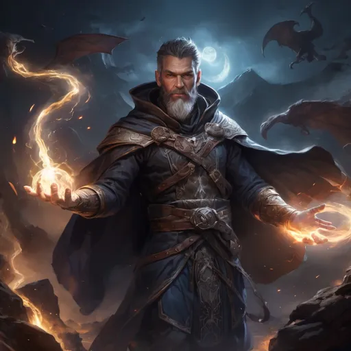 Prompt: Male large mature handsome battlemage casting a wind-spell out of hands on a dark battlefield at night pathfinder, d&d setting, in a realistic high quality digital art style, enhanced shadow quality, colorful