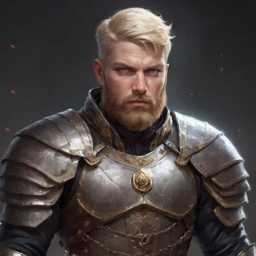 Prompt: (Full body) male stocky masculine manly hunky royal guard with short blonde hair and beard, hairy chest, in a dark battle field, pathfinder, d&d setting, in a realistic high quality digital art style