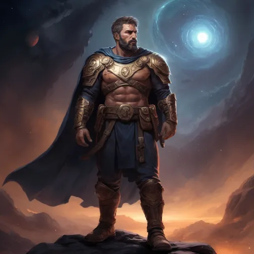 Prompt: Male stocky large mature greek fighter with short-cut hair and beard, exploring a dark astral plane, pathfinder, d&d setting, in a realistic high quality digital art style, enhanced shadow quality, colorful