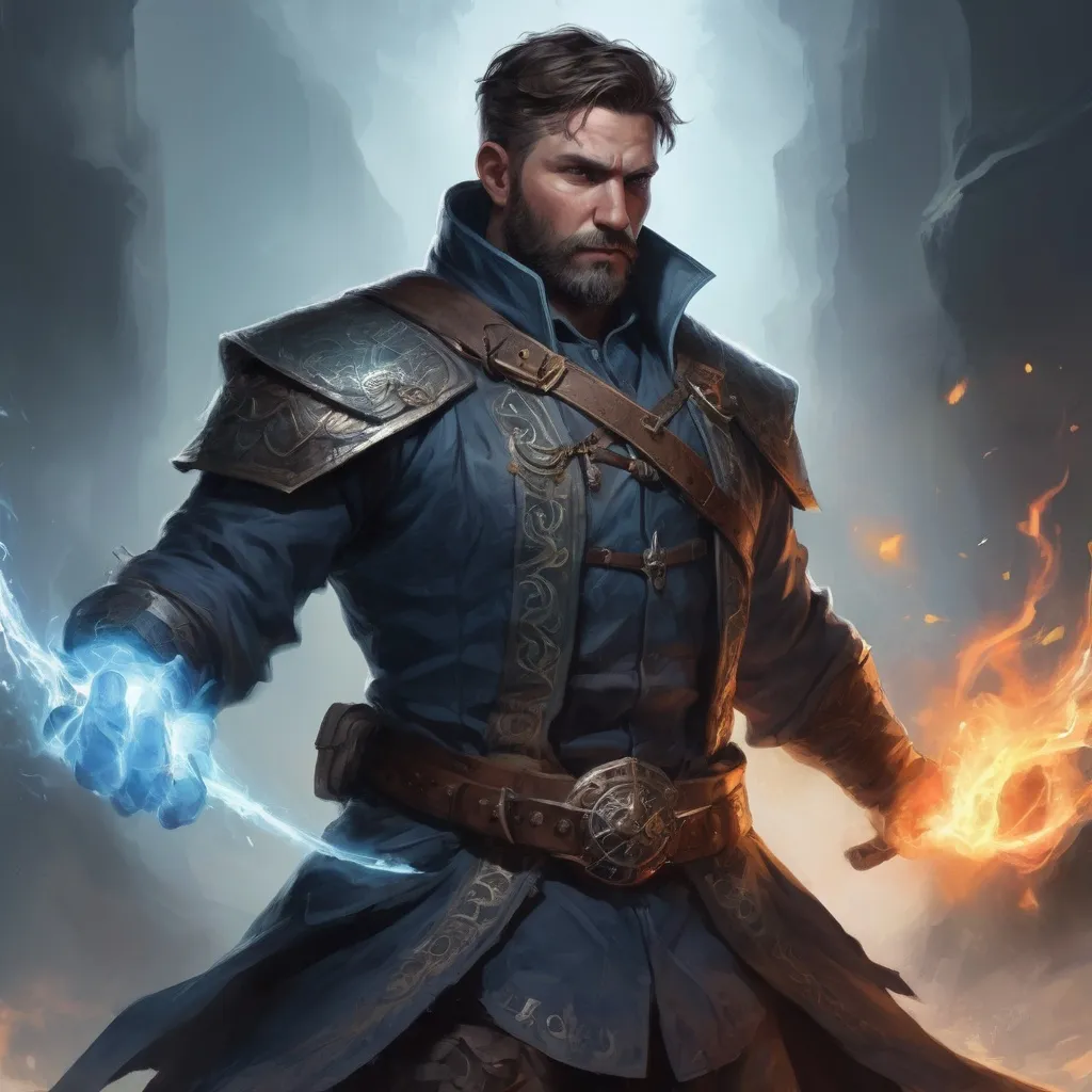 Prompt: Male stocky heavy-set mature illutionist with short-cut hair and beard, on a battlefield, in combat, casting a azure-spell, pathfinder, d&d setting, realistic high quality, enhanced shadow quality