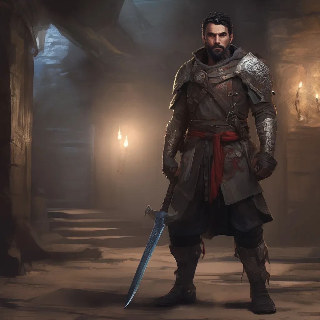 Prompt: (Full body) male stocky middle-aged warrior with black short-cut hair and beard, in a dark underground, pathfinder, d&d setting, in a realistic digital art style