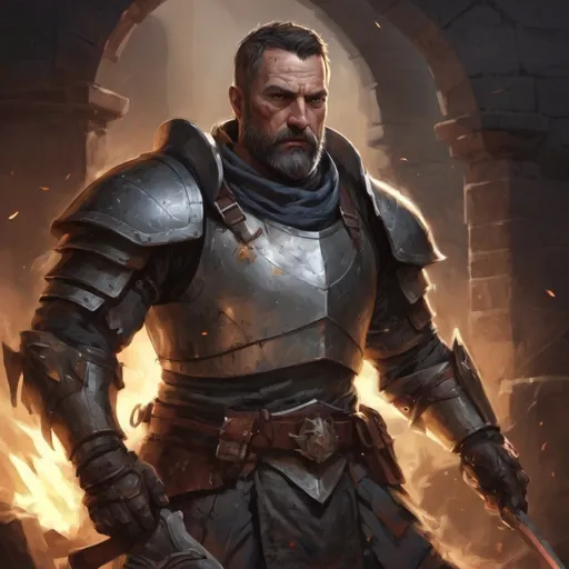 Prompt: (torso) Male stocky large mature knight with short-cut hair and beard, engaged in combat inside of a dark dungeon, pathfinder, d&d setting, in a realistic high quality digital art style, enhanced shadow quality