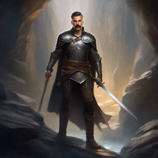 Prompt: (Full body) a fighter with mustache and stubble grey short-cut hair, belt, boots, leather pants, holding a sword, standing in a dark cavern, fantasy setting, dungeons & dragons, in a painted style realistic art
