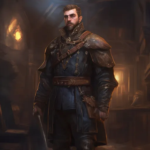 Prompt: (Full body) male stocky young royal noble with short-cut hair and beard, in a dark room, pathfinder, d&d setting, in a realistic digital art style