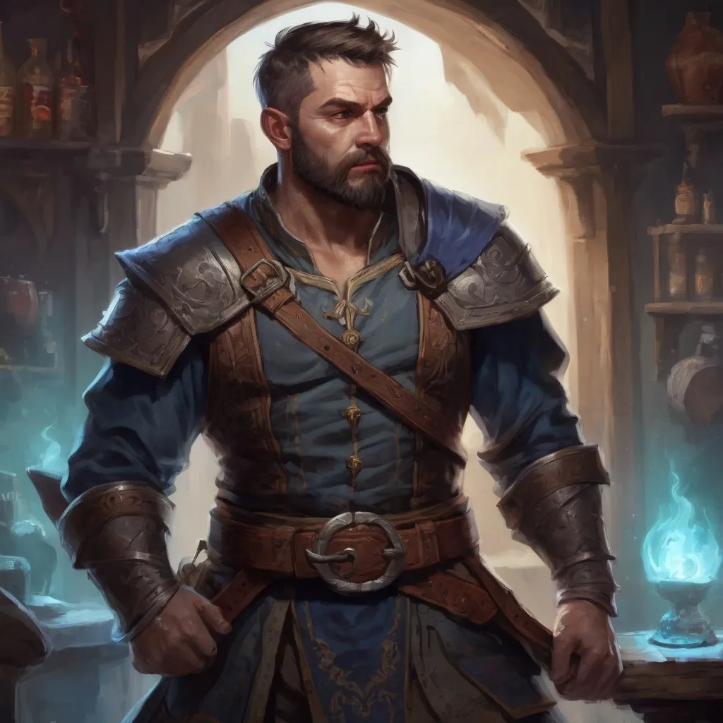 Prompt: Male stocky large muscular royal bard with short-cut hair and beard, exploring a dark tavern room, pathfinder, d&d setting, realistic, enhanced shadow quality