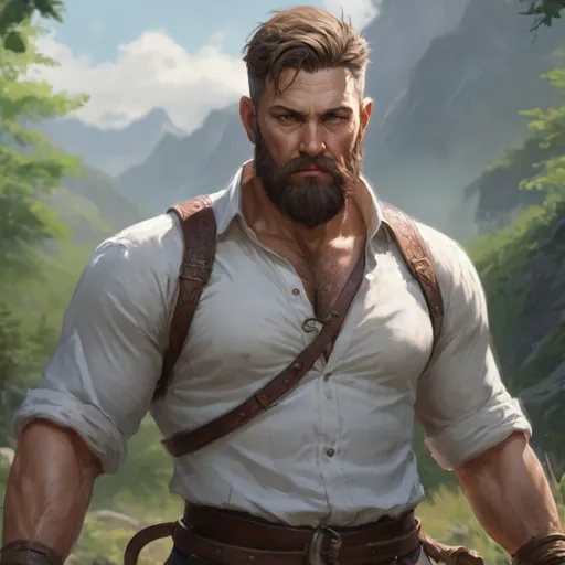 Prompt: (torso) Male stocky large fat beefy 37-year old druid with short-cut hair and beard, open shirt hairy chest, in combat casting a magic-ray out of hands in a windy path, pathfinder, d&d setting, in a realistic high quality digital art style, enhanced shadow quality, colorful