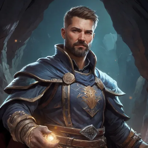 Prompt: (torso) Male stocky large fit 37-year old battle mage with short-cut hair and beard, casting a magic-ray out of hands in a underground cavern, pathfinder, d&d setting, in a realistic high quality digital art style, enhanced shadow quality, colorful