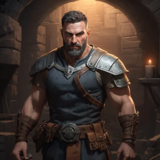 Prompt: Male heavy-set mature muscular engineer with short-cut hair and beard, in a dark dungeon, pathfinder, d&d setting, in a realistic high quality digital art style, enhanced shadow quality