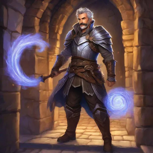 Prompt: (Full body) A hairy broad-chested large handsome male magus with short-cut grey hair a mustache and stubble, pathfinger,  light-armor, magic swirl, dungeons and dragons, hairy chest, brown boots, fantasy setting, coming out a large towngate late at night, in a painted style realistic art
