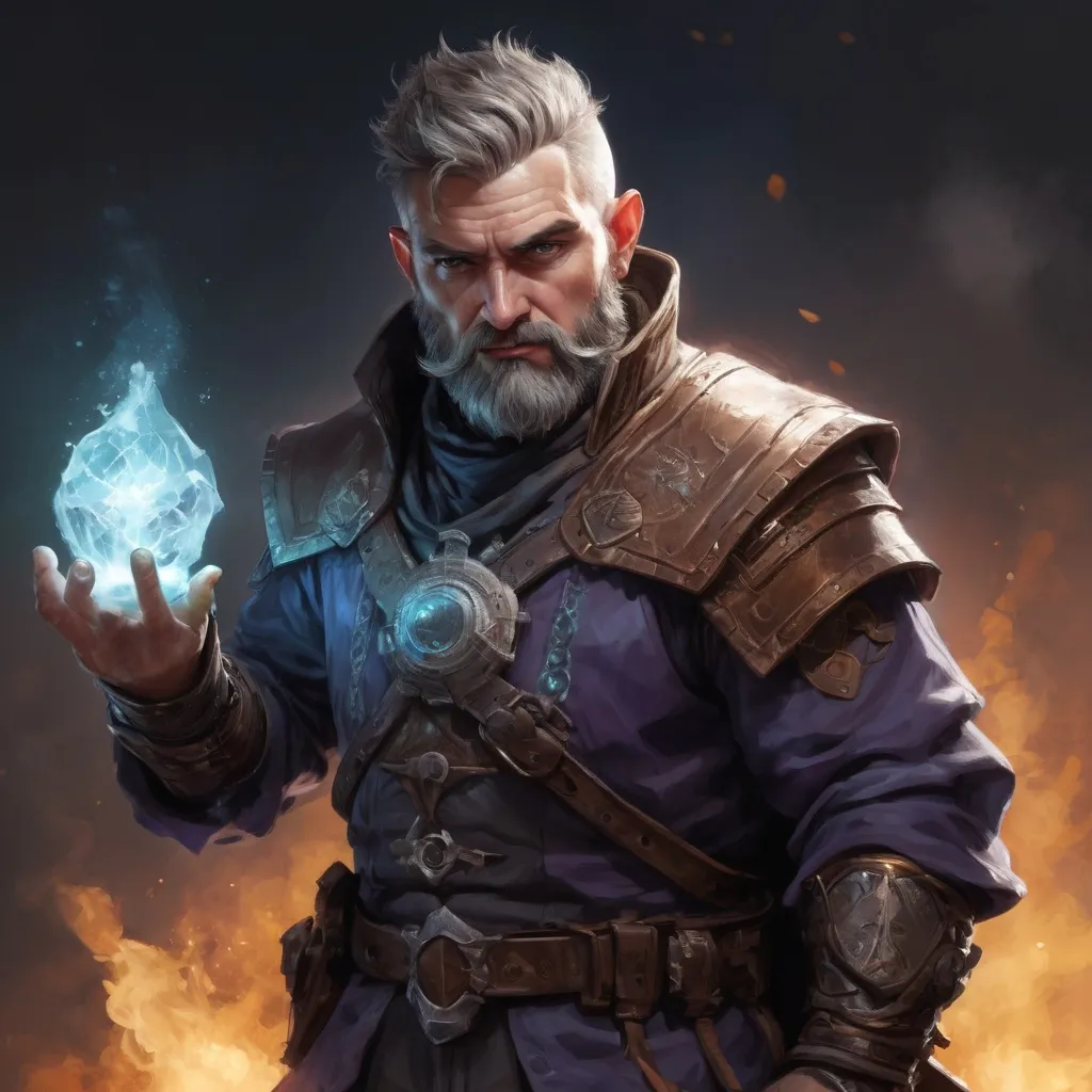 Prompt: Male stocky heavy-set mature arcane-alchemist with short-cut hair and beard, on a battlefield, in combat, holding a frostbomb, pathfinder, d&d setting, realistic high quality, enhanced shadow quality, colorful