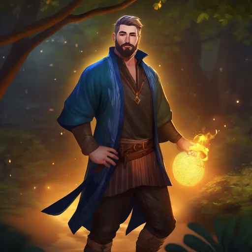 Prompt: (Full body) male stocky magical nature-mage with short hair and beard, open shirt, in dark lit nature background, pathfinder, d&d setting, in a realistic digital art style