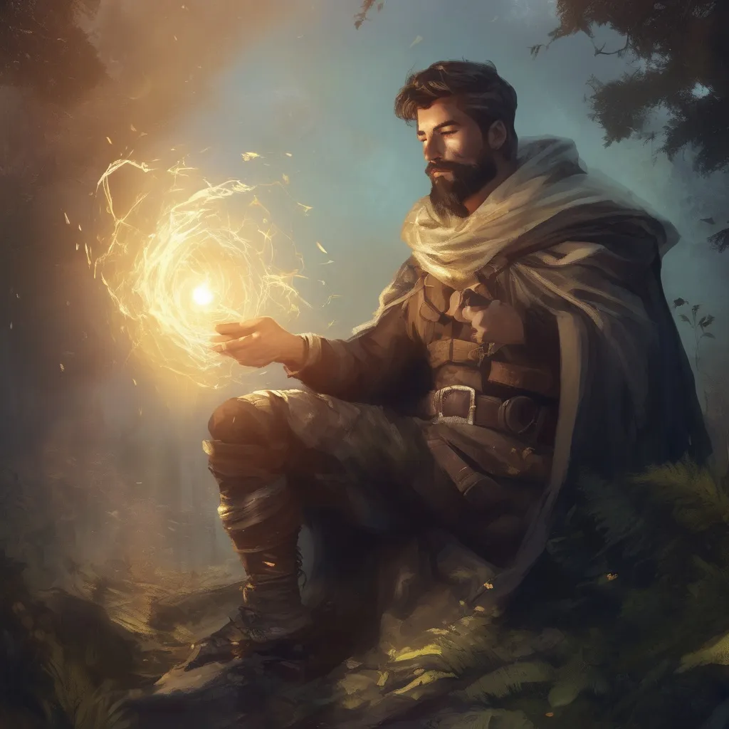 Prompt: (Full body) male stocky young magical Cleric with short-cut hair and beard, casting a magical healing spell, in nature in the dark, cloak, pathfinder, d&d setting, in a realistic digital art style