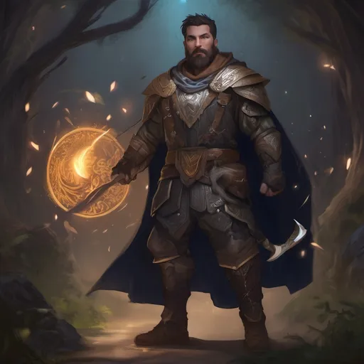 Prompt: (Full body) male stocky druid with short-cut hair and beard, in leather armor, casting a swirly nature-spell, in nature at night pathfinder, d&d setting, in a realistic digital art style