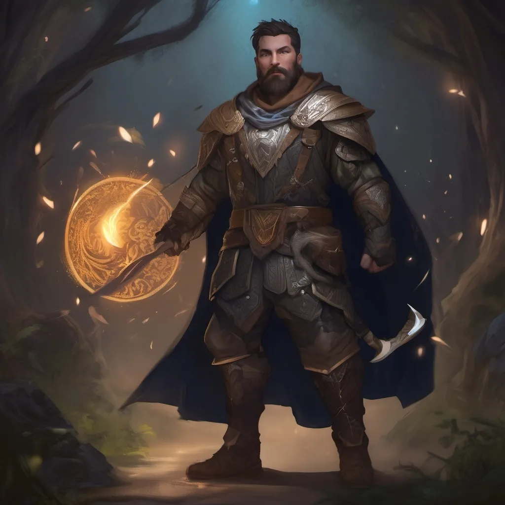 Prompt: (Full body) male stocky druid with short-cut hair and beard, in leather armor, casting a swirly nature-spell, in nature at night pathfinder, d&d setting, in a realistic digital art style