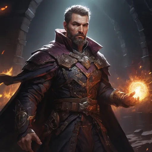 Prompt: Male stocky large mature warlock with short-cut hair and beard, engaged in combat casting a bright spell inside of a dark dungeon, pathfinder, d&d setting, in a realistic high quality digital art style, enhanced shadow quality, colorful