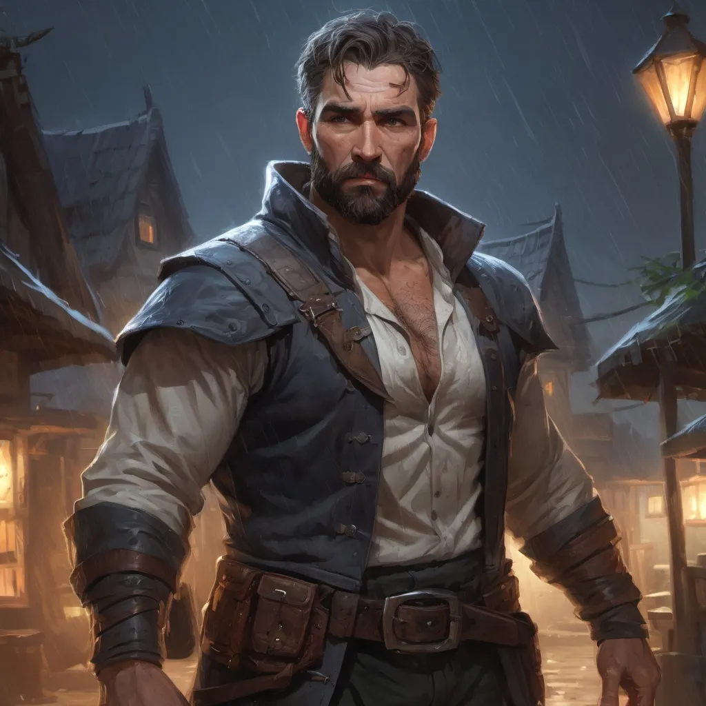 Prompt: Male stocky Muscular large mature rogue with short-cut hair and beard, shoulderguards, open shirt, hairy chest, outside of a small fantasy village in the rain at night, pathfinder, d&d setting, in a realistic high quality digital art style, enhanced shadow quality, colorful