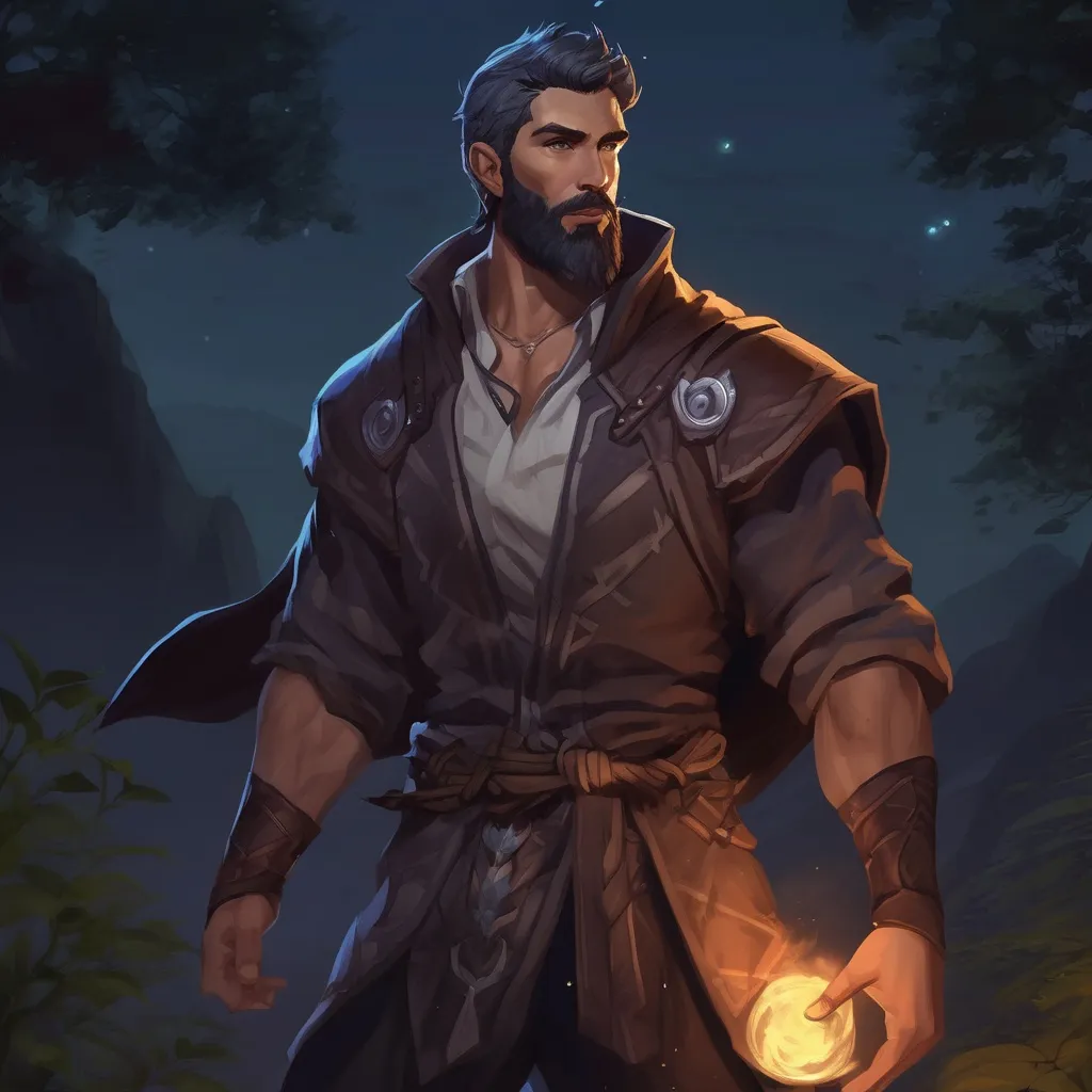 Prompt: (Full body) male muscular summoner with short hair and beard, in nature at night, pathfinder, d&d setting, in a realistic digital art style