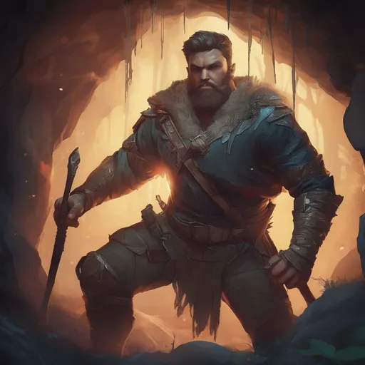 Prompt: (Full body) male handsome large muscular hunter with short hair and beard, outside of a cave by a forest at night, pathfinder, d&d setting, in a realistic high quality digital art style