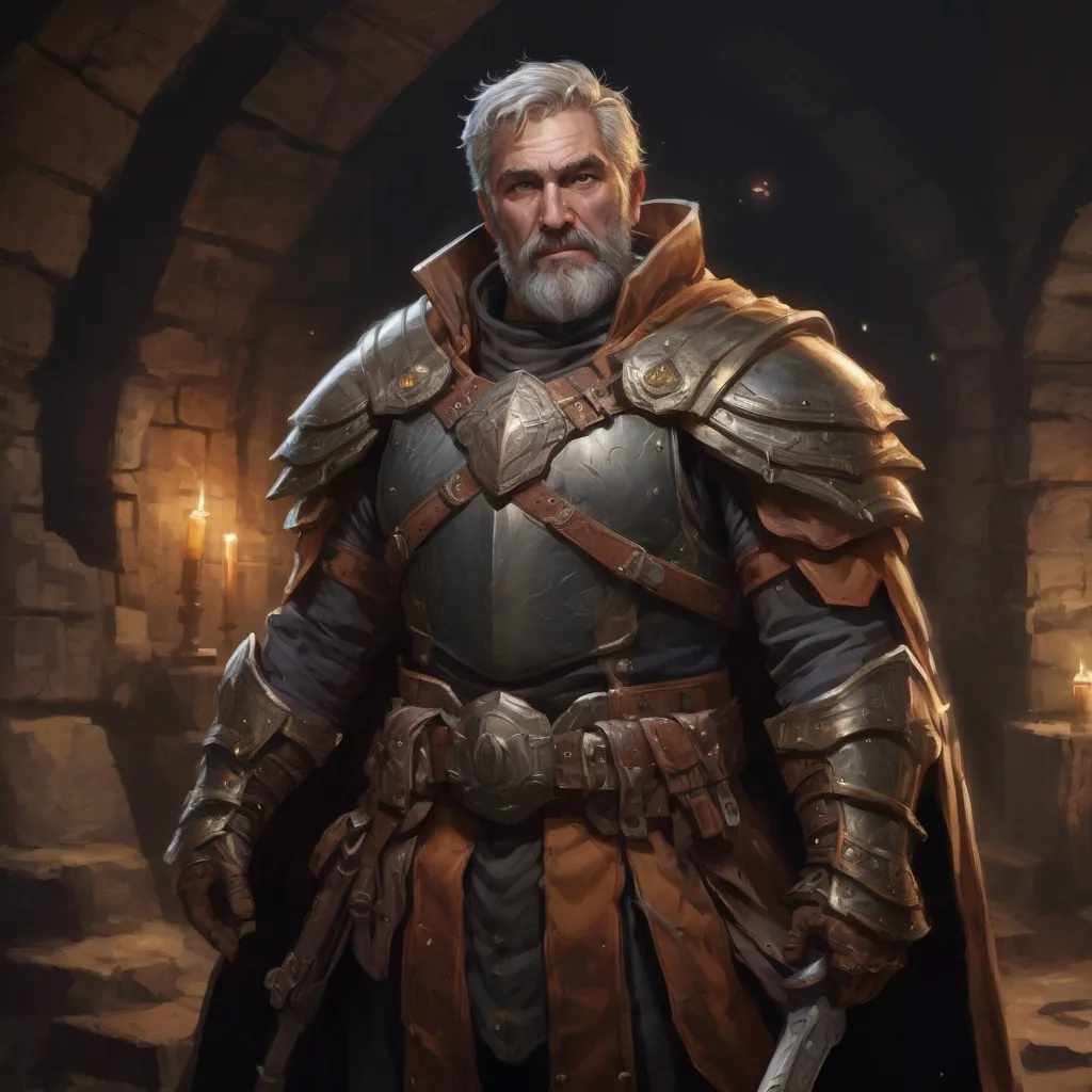 Prompt: Male stocky hairy mature paladin, with short hair and beard, exploring a dark dungeon, pathfinder, d&d setting, in a realistic high quality digital art style, enhanced shadow quality, colorful
