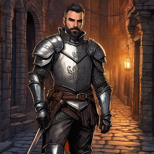 Prompt: (Full body) male knight looks like daniel day-lewis , glowing eyes with short cut hair with short beard, manly face, chain shirt, leather pants, pathfinder, dungeons and dragons, in a dark back street, in a painted style, realistic