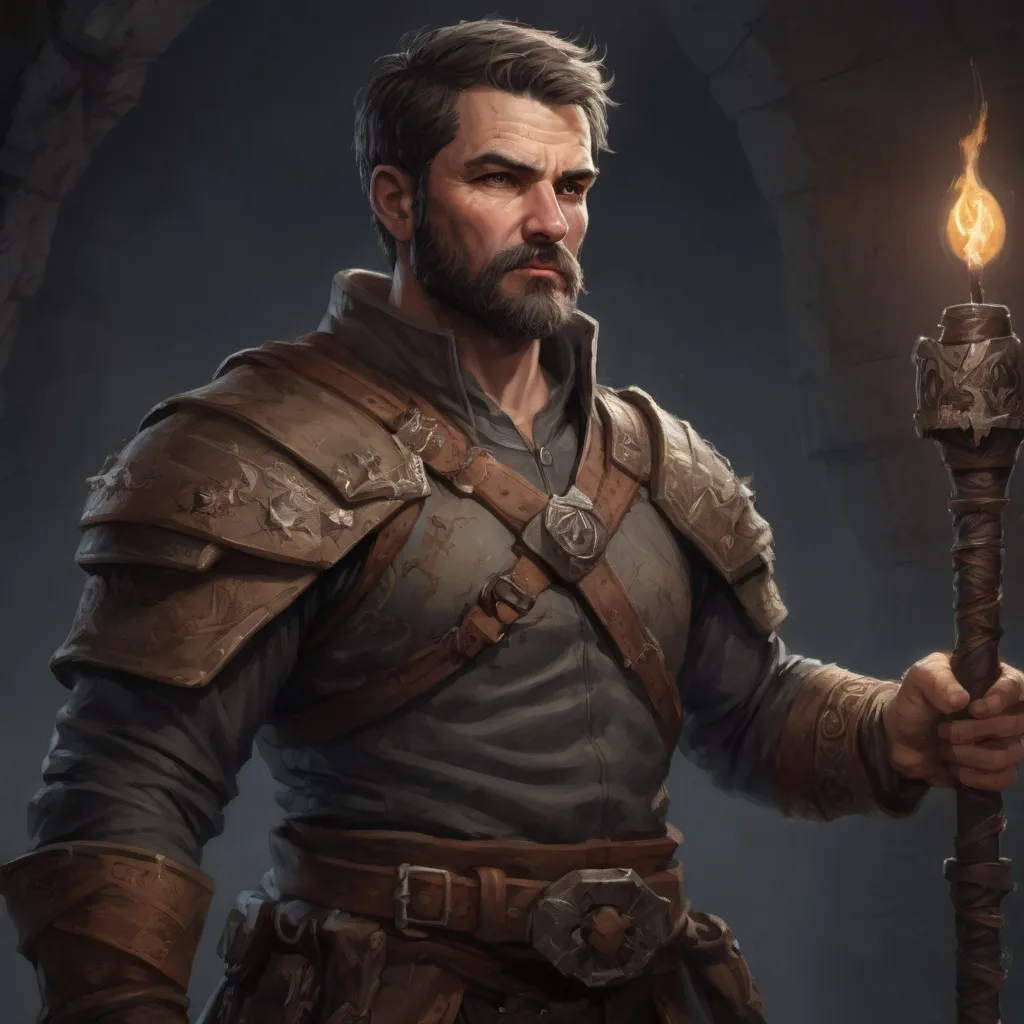Prompt: Male stocky large mature maltan fighter with short-cut hair and beard, exploring a dark dungeon, pathfinder, d&d setting, in a realistic high quality digital art style, enhanced shadow quality