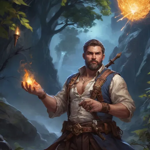Prompt: Male stocky large fat sorcerer with short-cut hair and beard, open shirt hairy chest, in combat casting a magic-ray out of hands in nature at night, pathfinder, d&d setting, in a realistic high quality digital art style, enhanced shadow quality, colorful