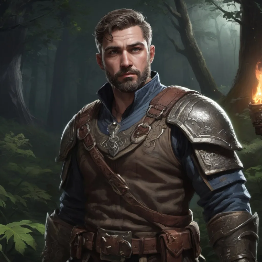 Prompt: Male stocky heavy-set mature fantasy-ranger with short-cut hair and beard, outside of fantasy forest at night, pathfinder, d&d setting, in a realistic high quality digital art style, enhanced shadow quality