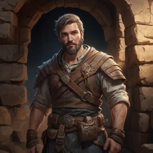 Prompt: Male stocky heavy-built rogue with short-cut hair and beard, outside of a cave entrance in a temple ruin at night, pathfinder, d&d setting, in a realistic high quality digital art style, enhanced shadow quality